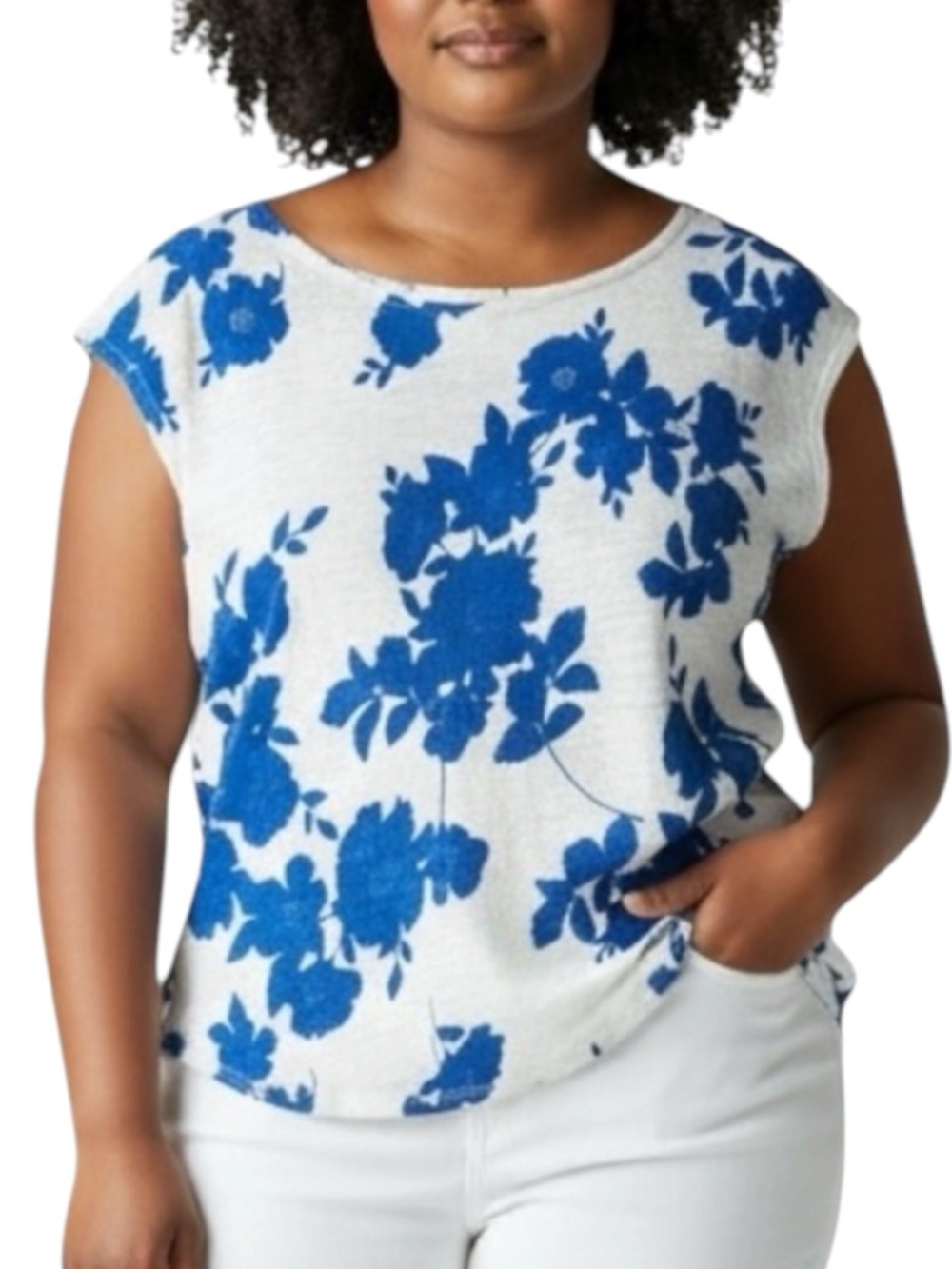 CYNTHIA ROWLEY 100% Linen Cap Sleeve Floral Top in Blue/White Size